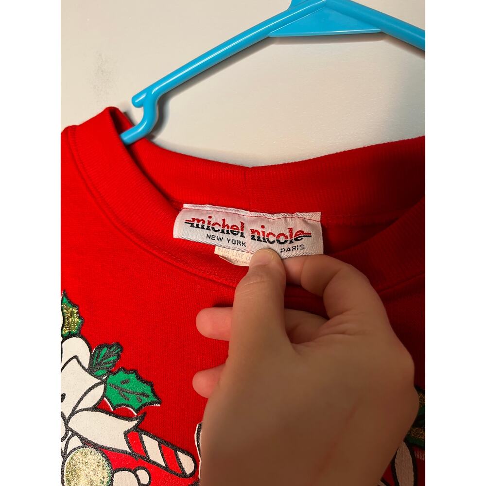 NWT 1980s Michel Nicole Puffy Christmas Glitter‎ Candy Cane Bells Sweatshirt L - Picture 3 of 6